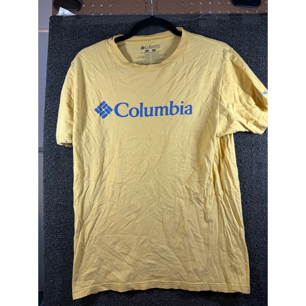 Columbia T-Shirt Mens Medium Yellow Blue Logo Graphic Short Sleeve Tee